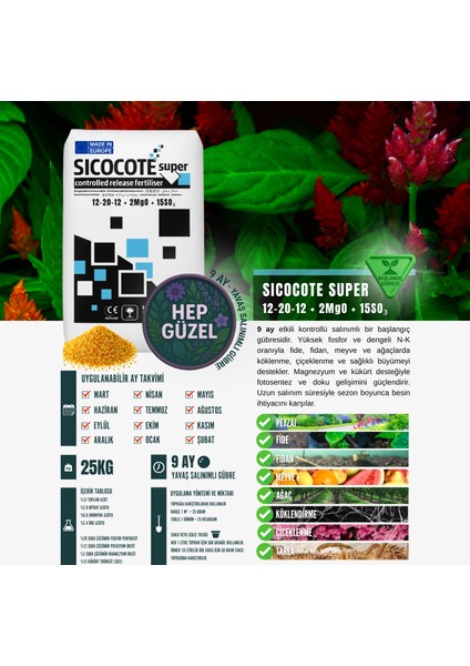 Sıcocote Super Kontrollü Salınımlı Gübre (Crf) – Npk 12-20-12 + 2mgo + 15SO₃. | Made In Eu | 25KG fiyatları