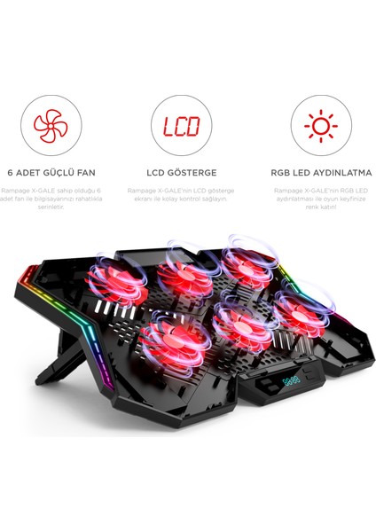AD-RX44 X-GALE 6 Fanlı 12 RGB Işık Modlu 7 Kademe Standlı LCD Göstergeli Notebook Soğutucu fiyatları