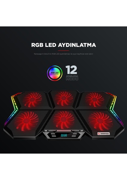 AD-RX44 X-GALE 6 Fanlı 12 RGB Işık Modlu 7 Kademe Standlı LCD Göstergeli Notebook Soğutucu indirimleri