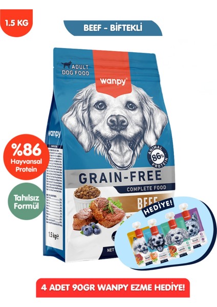 Hediyeli Sığır Etli Tahılsız Yetişkin Köpek Maması 1,5kg + 4lü Köpek Yaş Mama 90GR