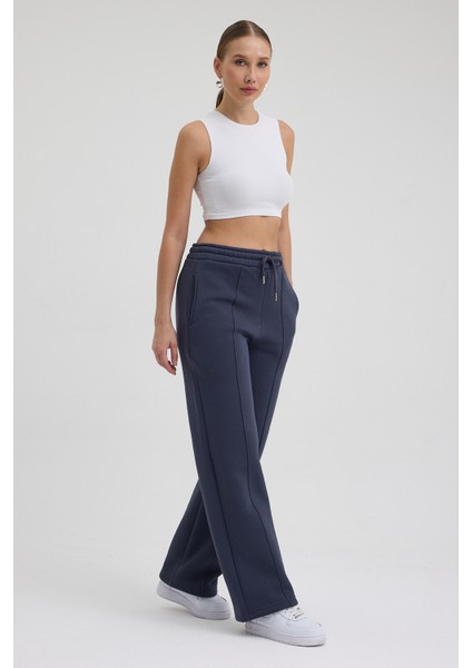 Kadın Yüksek Bel Nervürlü Kışlık Polarlı Paça Dikişli Bol Paça Eşofman Altı Füme