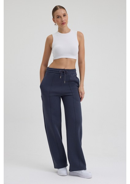 Kadın Yüksek Bel Nervürlü Kışlık Polarlı Paça Dikişli Bol Paça Eşofman Altı Füme fiyatları