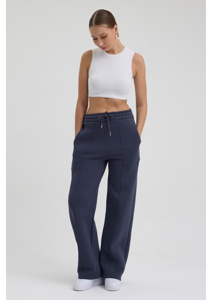 Kadın Yüksek Bel Nervürlü Kışlık Polarlı Paça Dikişli Bol Paça Eşofman Altı Füme modelleri