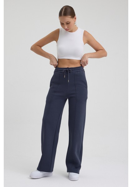 Kadın Yüksek Bel Nervürlü Kışlık Polarlı Paça Dikişli Bol Paça Eşofman Altı Füme fırsatları