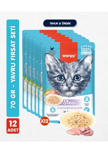12LI Yavru Kedi Yaş Maması Tavuklu & Ördekli Premium Kalite 12 x 70 gr