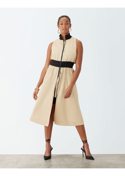 Kadın Dik Yaka Önü Fermuarlı Yırtmaçlı Baharlık Yazlık Beli Lastikli Şık Ceket Elbise fiyatları