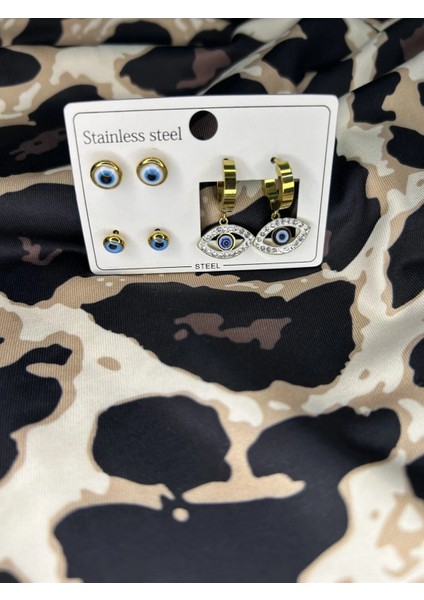 Çelik Nazar Boncuklu 6lı Küpe Seti