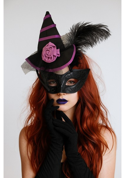 Halloween Cadılar Bay.mor Siyah Güllü Mini Şapka