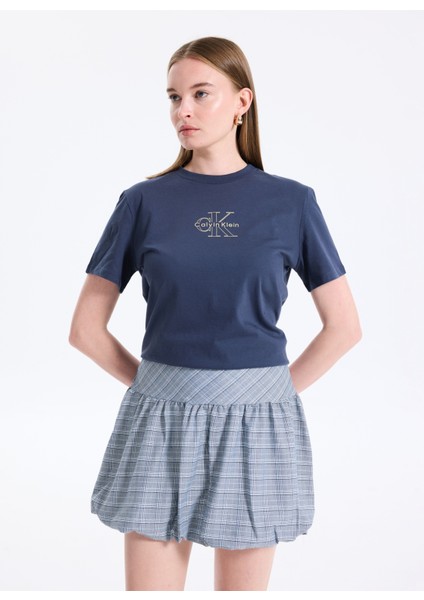 Bisiklet Yaka Düz Mavi Kadın T-Shirt LV047D873GVEK