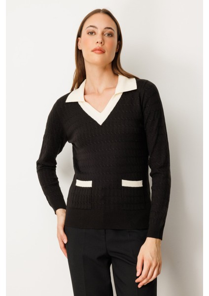 Kadın Cep Detaylı Uzun Kollu Kazak 65313 Siyah