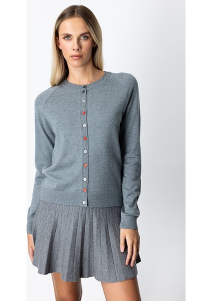 Kadın Renkli Düğmeli Sıfır Yaka Triko Hırka 65921 Gri