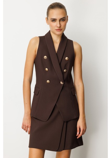 Kadın Kruvaze Yaka Kapak Cepli Yelek 5009 Kahverengi