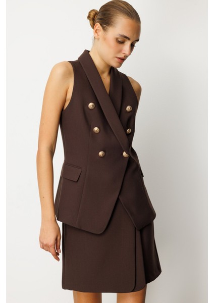 Kadın Kruvaze Yaka Kapak Cepli Yelek 5009 Kahverengi fiyatları