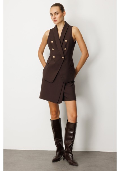 Kadın Kruvaze Yaka Kapak Cepli Yelek 5009 Kahverengi modelleri