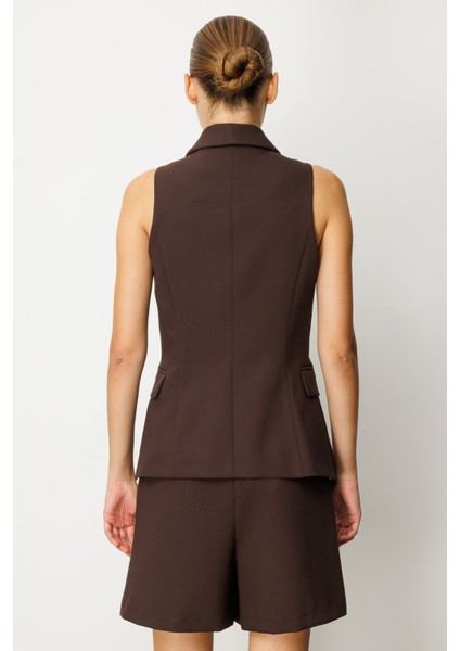 Kadın Kruvaze Yaka Kapak Cepli Yelek 5009 Kahverengi fırsatları