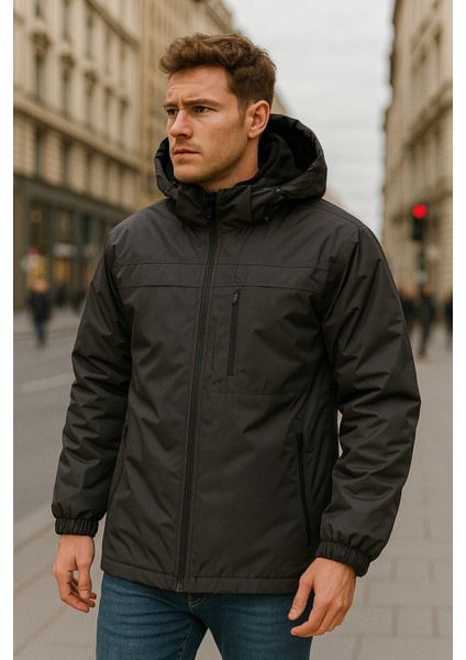 Erkek Kapüşonlu Cep Detaylı Içi Polar Kışlık Mont 2540 Siyah