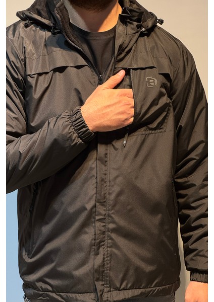 Erkek Kapüşonlu Cep Detaylı Içi Polar Kışlık Mont 2540 Siyah