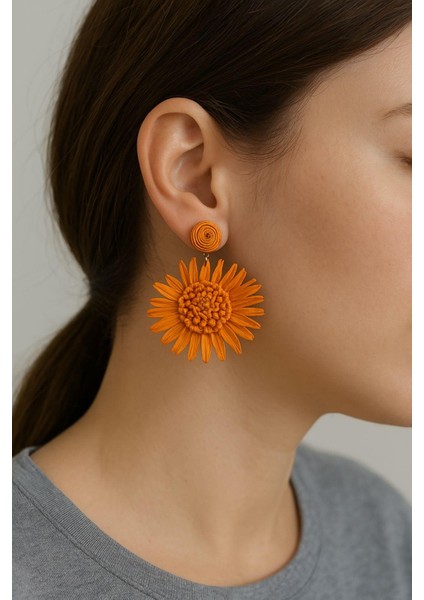 Turuncu Hasır Çiçek Küpe