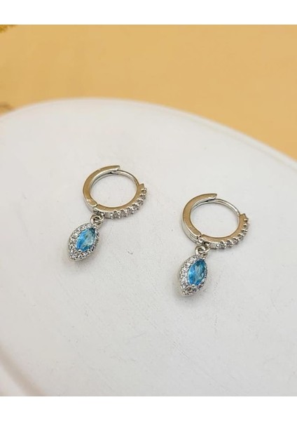 Zirkon Taşlı Minimal Damla Mavi Küpe