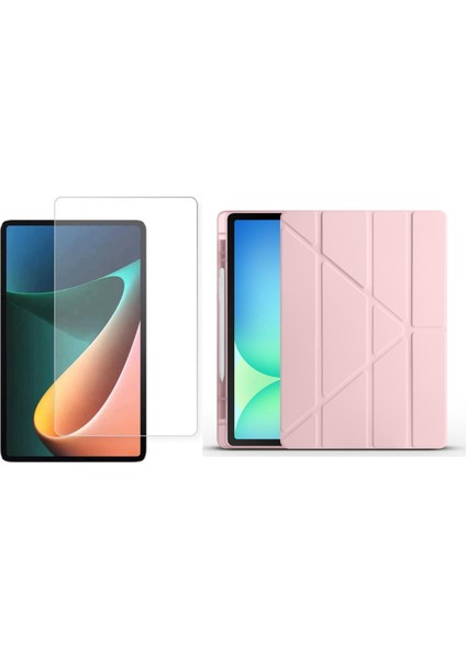 Xiaomi Redmi Pad Pro Kılıf Zore Tri Folding Kalem Bölmeli Standlı Kılıf-Rose Gold + Cam
