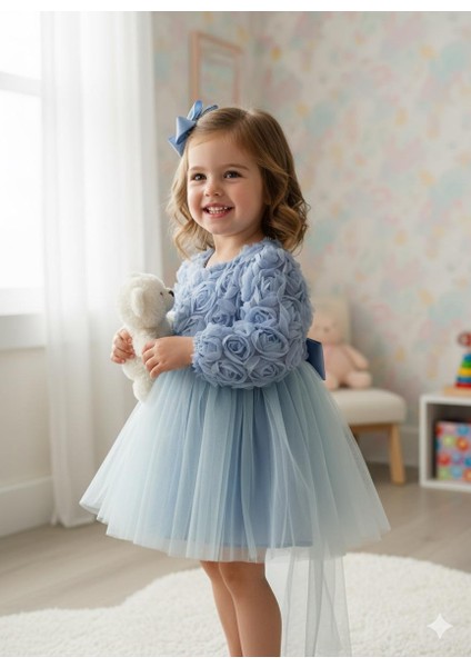 Kız Bebek Gül Desenli Fiyonk Lu Şık Özel Gün Abiye Elbise 0-5 Yaş indirimleri