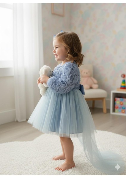 Kız Bebek Gül Desenli Fiyonk Lu Şık Özel Gün Abiye Elbise 0-5 Yaş