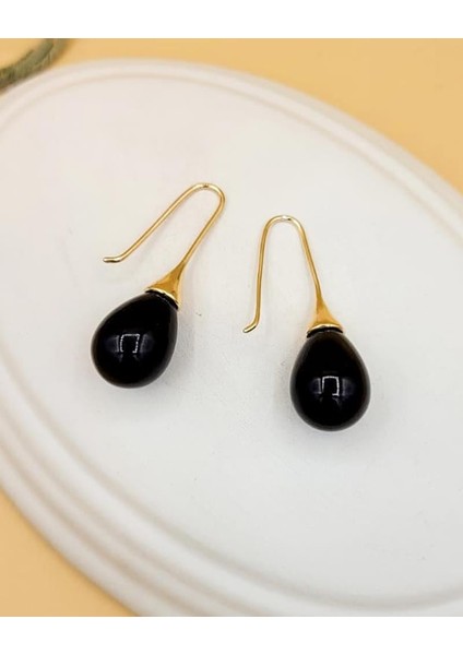 Siyah Uzun Damla Gold Küpe