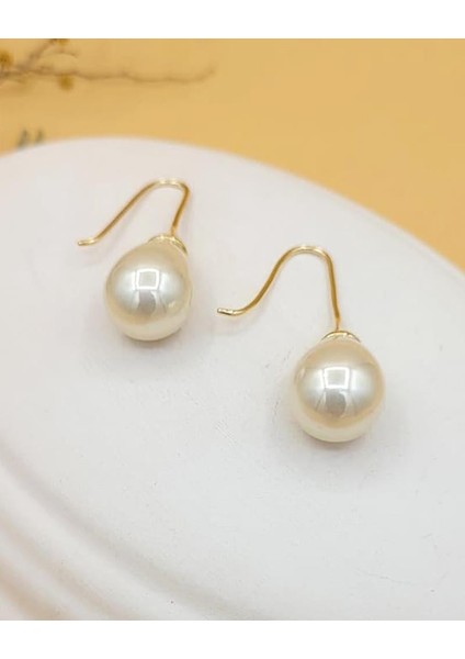 Ekru Uzun Damla Gold Küpe