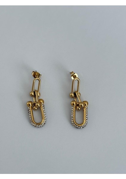Tiffy Model Zirkon Taş Detay Sallantılı Gold Çelik Küpe modelleri