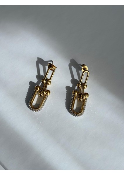 Tiffy Model Zirkon Taş Detay Sallantılı Gold Çelik Küpe fırsatları
