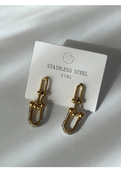 Tiffy Model Zirkon Taş Detay Sallantılı Gold Çelik Küpe indirimleri