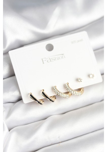 Zarif Kulaklar Için Golden Pirinç Zirkonlu 925 Silver Çivili Küpe Seti