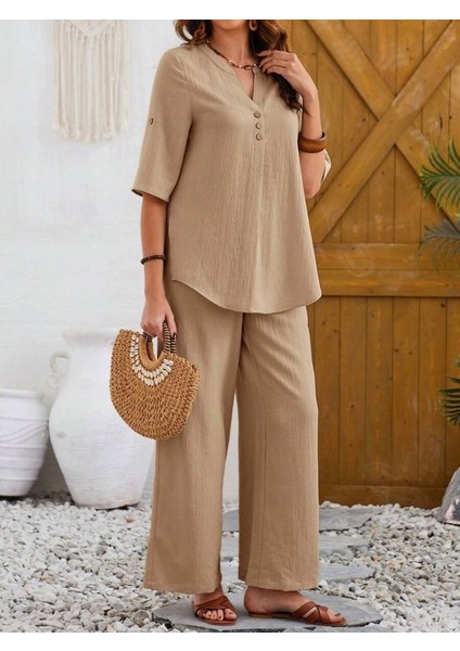 Kadın Kısa Kollu V Hakim Yaka Düğmeli Bürümcük Bluz ve Pantolon Ikili Takım fiyatları