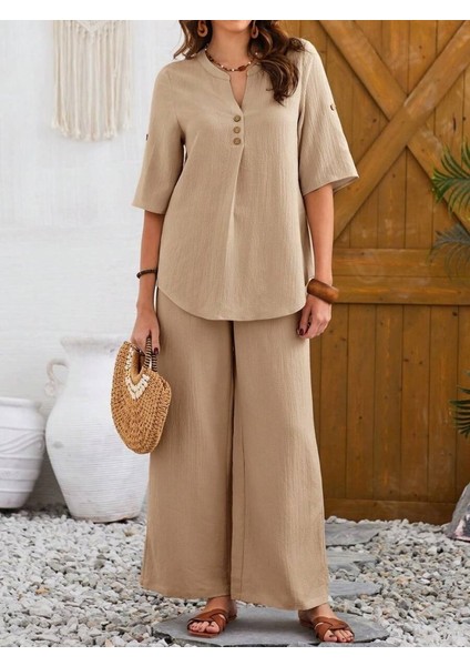 Kadın Kısa Kollu V Hakim Yaka Düğmeli Bürümcük Bluz ve Pantolon Ikili Takım indirimleri