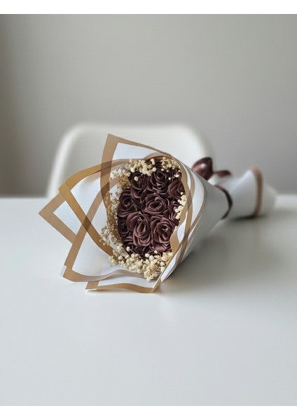 11'li Kahverengi Cipsolu Solmayan Gül Buketi, Saten Çiçek, Sevgiliye, Arkadaşa Hediye