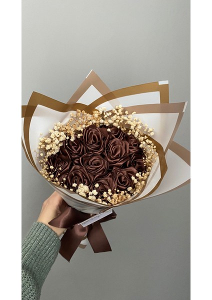 11'li Kahverengi Cipsolu Solmayan Gül Buketi, Saten Çiçek, Sevgiliye, Arkadaşa Hediye modelleri