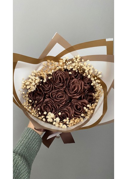 11'li Kahverengi Cipsolu Solmayan Gül Buketi, Saten Çiçek, Sevgiliye, Arkadaşa Hediye fırsatları