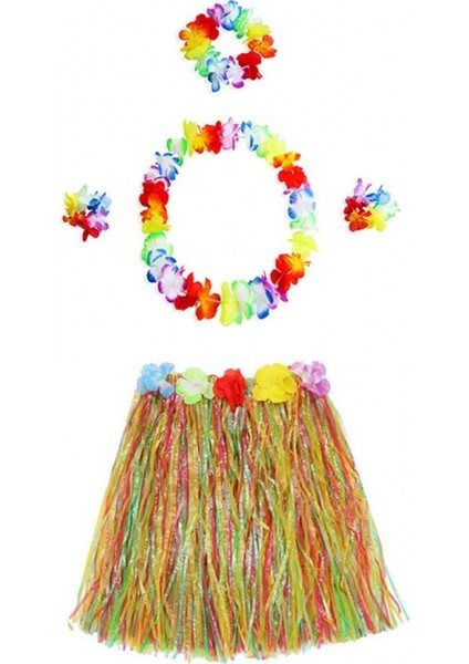Yetişkin ve Çocuk Uyumlu Luau Aloha Hawaii Kolye Renkli Etek Taç ve Bileklik Seti