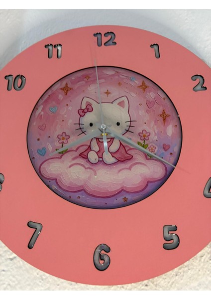 Kişiye Özel Isimli Fiyonklu Kedi Çocuk Odası Duvar Saati | Epoksi Resimli & Rakamlı | 35 cm modelleri