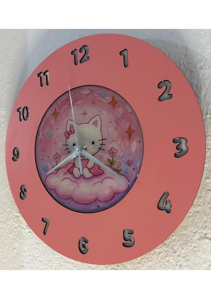 Kişiye Özel Isimli Fiyonklu Kedi Çocuk Odası Duvar Saati | Epoksi Resimli & Rakamlı | 35 cm indirimleri