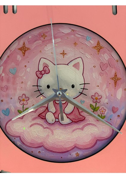 Kişiye Özel Isimli Fiyonklu Kedi Çocuk Odası Duvar Saati | Epoksi Resimli & Rakamlı | 35 cm