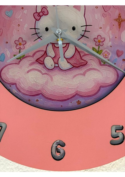 Kişiye Özel Isimli Fiyonklu Kedi Çocuk Odası Duvar Saati | Epoksi Resimli & Rakamlı | 35 cm