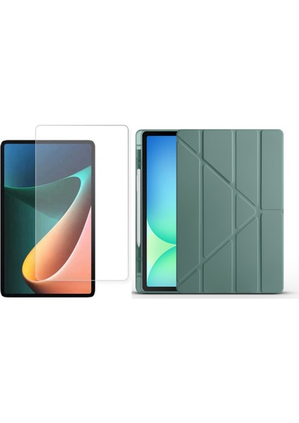 Apple iPad 10.2 (8.nesil) Kılıf Zore Tri Folding Kalem Bölmeli Standlı Kılıf-Koyu Yeşil + Cam