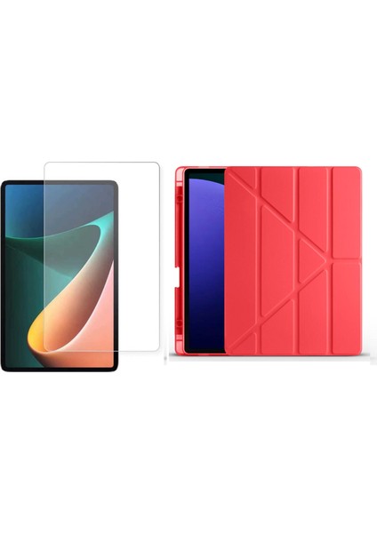 Huawei Honor Pad X8 Pro 11.5' Kılıf Zore Tri Folding Kalem Bölmeli Standlı Kılıf-Kırmızı + Cam