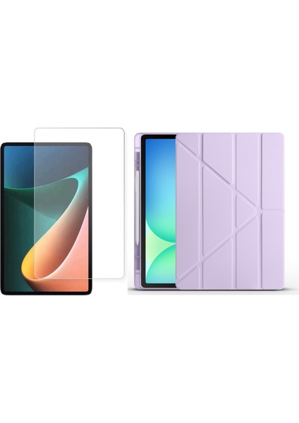 Lenovo Idea Tab Pro 12.7 TB-373FU Kılıf Zore Tri Folding Kalem Bölmeli Standlı Kılıf-Lila + Cam