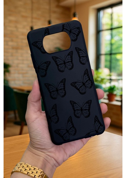 Poco X3 ve X3 Pro Uyumlu Siyah Kelebek Desenli Silikon Darbe Emici Klasik Korumalı Rubber Kılıf