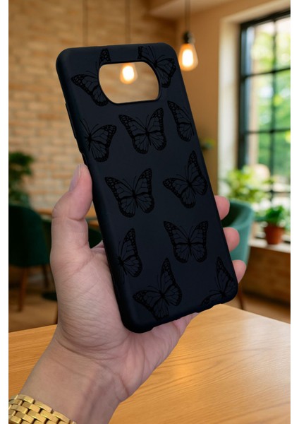 Poco X3 ve X3 Pro Uyumlu Siyah Kelebek Desenli Silikon Darbe Emici Klasik Korumalı Rubber Kılıf modelleri