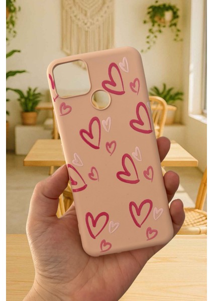 Realme C25 Uyumlu Kılıf Pembe Kalp Desenli Silikon Darbe Emici Klasik Korumalı Rubber Kapak
