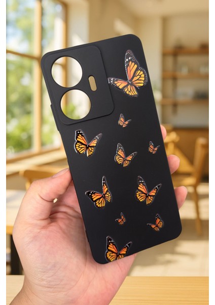 Realme C55 Uyumlu Turuncu Kelebek Desenli Silikon Darbe Emici Klasik Korumalı Rubber Kılıf