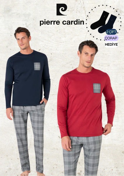 Erkek %100 Pamuk Ekose Detaylı Lacivert & Bordo Iki Adet Pijama Takımı L1.PC.6107.002